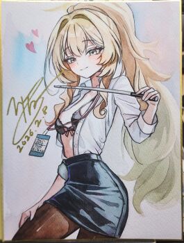 Rule 34 | 1girl, black bra, black pantyhose, black skirt, blonde hair, blue archive, blush, bra, breasts, closed mouth, commentary, dated, gangbyeon, green eyes, hair between eyes, hand on own thigh, hand up, heart, highres, holding, holding pointer, id card, lanyard, long hair, long sleeves, looking at viewer, navel, open clothes, open shirt, painting (medium), pantyhose, pencil skirt, photo (medium), pointer, professor niyaniya (blue archive), professor niyaniya (teacher) (blue archive), shirt, shirt tucked in, signature, skirt, sleeves rolled up, small breasts, solo, stomach, traditional media, underwear, untranslatable commentary, very long hair, watercolor (medium), white shirt