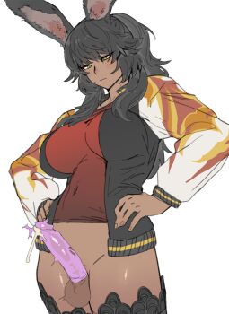 1futa bad_id bad_twitter_id black_hair black_thighhighs blush bottomless breasts broken_condom cameltoe closed_mouth collarbone commentary condom condom_on_penis covered_navel cum dark-skinned_female dark_skin ejaculation erection ettone final_fantasy final_fantasy_xiv fingernails flame_print futanari grey_background half-closed_eyes hands_on_own_hips highres jacket large_breasts long_hair mole mole_under_mouth open_clothes open_jacket penis shiny_skin simple_background solo testicles thighhighs uncensored variant_set viera warrior_of_light_(ff14) yellow_eyes