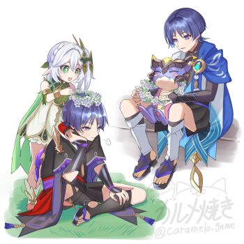 1girl 2boys anklet aqua_gemstone armlet armor behind_another between_thighs black_bodysuit black_kimono black_sandals black_shorts black_sleeves bloomers blue_cape blunt_ends bodysuit bracelet bridal_legwear bright_pupils cape caramelo_game closed_mouth colored_tips cross-shaped_pupils crossed_bangs detached_sleeves dragon dress dual_persona eyelashes eyeliner eyeshadow feathers flower flower_wreath frilled_sleeves frills furisode gem genshin_impact gold gold_trim grass green_cape green_eyes green_hair green_sleeves hair_between_eyes hair_ornament hakama hakama_shorts half_crown_braid hand_on_own_chin highres japanese_armor japanese_clothes jewelry juban kimono kote kurokote layered_sleeves leaf leaf_hair_ornament leg_warmers long_hair looking_to_the_side makeup mandarin_collar mini_durin_(dragon)_(genshin_impact) mini_durin_(genshin_impact) multicolored_hair multiple_boys nahida_(genshin_impact) on_grass parted_lips pleated_shorts pointy_ears pom_pom_(clothes) puff_of_air purple_eyes purple_hair purple_sash purple_sleeves red_eyeliner red_eyeshadow red_kimono red_sash sandals sash scaramouche_(genshin_impact) short_sleeves shorts shoulder_peek side_ponytail sidelocks sitting small_dragon socks standing stirrup_legwear sweatdrop symbol-shaped_pupils tareme tassel toeless_legwear toeless_socks toes tsurime underwear vision_(genshin_impact) wanderer_(genshin_impact) watermark white_background white_bloomers white_dress white_flower white_hair white_kimono white_leg_warmers white_pupils white_socks white_trim yellow_feathers zouri