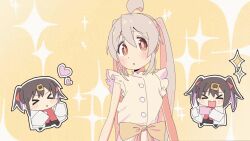 &gt;_&lt; 2girls :d ahoge animated black_hair black_skirt blinking blush bow brown_eyes chibi closed_eyes closed_mouth cropped_legs double-parted_bangs dress genderswap genderswap_(mtf) hair_between_eyes hair_ornament happy harusaming heart jacket lab_coat light_brown_hair long_sleeves multicolored_hair multiple_girls onii-chan_wa_oshimai! open_clothes open_jacket open_mouth oyama_mahiro oyama_mihari phone pink_hair red_shirt shirt short_hair siblings sidelocks simple_background skirt sleeveless sleeveless_dress smile sparkle spinning tagme taking_picture twintails video waist_bow white_dress yellow_bow