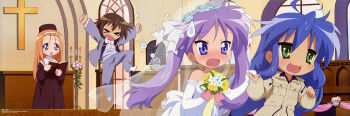 >_< 4girls :3 absurdres blush bridal_veil bride church cross dress closed_eyes formal_clothes happy highres hiiragi_kagami incredibly_absurdres izumi_konata kusakabe_misao latin_cross long_image lucky_star minegishi_ayano mole mole_under_eye multiple_girls official_art pant_suit pants parody scan scene_reference suit takemoto_yasuhiro the_graduate veil wedding wedding_dress wide_image wife_and_wife yuri