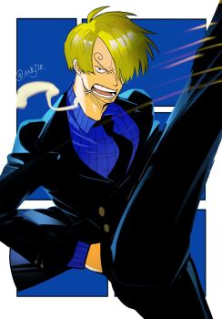 Rule 34 | 1boy, black necktie, black suit, blonde hair, blue background, blue shirt, cigarette, collared shirt, commentary, curly eyebrows, formal clothes, hand in pocket, hashtag-only commentary, highres, leg up, male focus, mrjieshisu, necktie, one piece, open mouth, sanji (one piece), shirt, short hair, smoke, solo, striped clothes, striped shirt, suit, symbol-only commentary, vertical-striped clothes, vertical-striped shirt