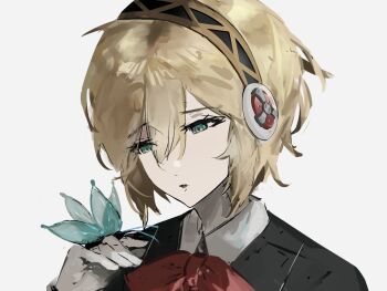 1girl aigis_(persona) android black_jacket blonde_hair blue_butterfly bow bug butterfly butterfly_on_hand commentary_request gekkoukan_high_school_uniform gold_hairband green_eyes hair_between_eyes hairband hand_up hashtag-only_commentary highres insect jacket k1kiwa looking_at_animal parted_lips persona persona_3 portrait red_bow robot_ears school_uniform short_hair simple_background solo white_background wing_collar