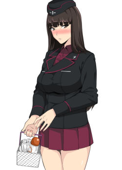 Rule 34 | 10s, 1girl, black eyes, black hair, black jacket, blunt bangs, blush, breasts, cowboy shot, female focus, garrison cap, girls und panzer, hat, jacket, jyura, kuromorimine military uniform, large breasts, long hair, long sleeves, looking at viewer, mature female, nishizumi shiho, nose blush, parted lips, pleated skirt, red shirt, red skirt, shirt, skirt, solo