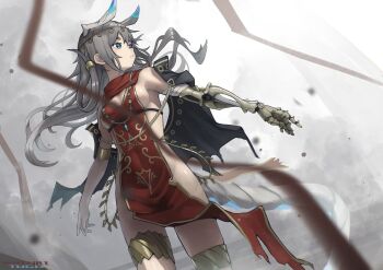 1girl absurdres akemiya_genma black_cape blue_eyes breasts cape commentary dutch_angle grey_hair highres horns jewelry long_hair necklace no_panties original pelvic_curtain red_scarf red_tabard scarf skeletal_arm solo standing tabard thighlet