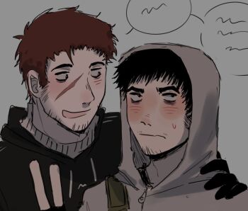 Rule 34 | 2boys, :/, :d, afraid of monsters, averting eyes, beard stubble, black eyes, black gloves, black hoodie, blush, brown hair, creator connection, crossover, cry of fear, david leatherhoff, facial hair, gloves, grey hoodie, hand on another's shoulder, hood, hood down, hood up, hoodie, looking to the side, multiple boys, open mouth, raykills, scar, scar on face, short hair, simon henriksson, smile, stubble, turtleneck, upper body