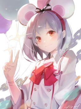 1girl animal_ear_hairband animal_ears balloon blush bow bow_hairband bowtie brooch buttons commentary_request double-breasted fake_animal_ears granblue_fantasy grey_hair hair_ornament hairband hairclip heart heart_brooch jewelry long_sleeves looking_at_viewer mooofoo mouse_ears nervous_smile red_bow red_bowtie red_eyes red_hairband sailor_collar shirt smile solo upper_body v vikala_(granblue_fantasy) white_sailor_collar white_shirt