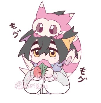 Rule 34 | 1boy, alternate color, black hair, blueberry academy school uniform, chibi, colored inner hair, commentary request, crossed bangs, eating, food, furret, gen 2 pokemon, gloves, hair between eyes, hairband, holding, holding food, jacket, kieran (pokemon), kiri8211, male focus, multicolored hair, nintendo, on head, pokemon, pokemon (creature), pokemon on head, pokemon sv, purple hair, red gloves, school uniform, shiny pokemon, signature, single glove, striped fur, two-tone hair, white background, white jacket, yellow eyes, yellow hairband