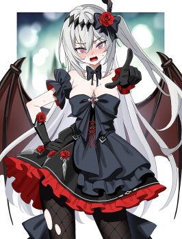 Rule 34 | 1girl, @ @, absurdres, bare shoulders, bat wings, black bow, black bowtie, black dress, black gloves, blush, bow, bowtie, breasts, censored, cleavage, collarbone, commentary request, commission, dress, fishnet pantyhose, fishnets, flower, gloves, hair flower, hair ornament, highres, index finger raised, kayuu (hikentai0112), long hair, looking at viewer, mare (ac8231), medium breasts, mosaic censoring, off-shoulder dress, off shoulder, open mouth, original, pantyhose, pointing, pointing at viewer, red eyes, red flower, red rose, rose, second-party source, side ponytail, skeb commission, torn clothes, torn pantyhose, white hair, wings