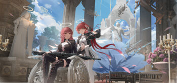 Rule 34 | 2girls, absurdres, arknights, black gloves, black jacket, boots, commentary request, cropped jacket, detached wings, energy wings, exusiai (arknights), exusiai the new covenant (arknights), fingerless gloves, gloves, gun, halo, highres, jacket, lace-up boots, lemuen (arknights), long hair, long sleeves, looking at viewer, medium hair, miguan pt, multiple girls, parted lips, pink hair, red hair, rifle, shirt, sitting, smile, sniper rifle, solo, thighhighs, traditional halo, weapon, wheelchair, white shirt, white thighhighs, wide shot, wings, yellow eyes