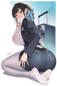absurdres ass belt black_belt black_hair breasts earrings feet goddess_of_victory:_nikke highres id_card index_finger_raised jewelry looking_at_viewer mato_kuroi money multiple_rings pantyhose red_eyes ring rolling_suitcase smile soles sora_(nikke) suitcase thighs twintails white_pantyhose