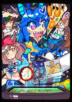 absurdres ahoge animal_ears aqua_hair blue_eyes blue_hair bourbunbun bow braid brown_eyes brown_hair casual commentary crossed_bangs ear_covers ears_through_headwear english_commentary food from_above glasses hair_ornament hairclip hat heterochromia highres hood hoodie horse_ears horse_girl horse_tail ikuno_dictus_(casual)_(umamusume) ikuno_dictus_(umamusume) jacket long_hair long_sleeves matikanetannhauser_(casual)_(umamusume) matikanetannhauser_(umamusume) medium_hair multicolored_hair multicolored_hoodie nice_nature_(casual)_(umamusume) nice_nature_(umamusume) open_mouth pants pizza playing_games round_eyewear sharp_teeth shirt sidelocks skirt smile snack streaked_hair suspenders sweater tail teeth television turtleneck twin_turbo_(casual)_(umamusume) twin_turbo_(umamusume) twintails umamusume video_game white_shirt yellow_eyes