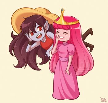 2girls ^_^ adventure_time artist_name black_footwear black_hair boots chibi closed_eyes commentary crop_top dithering dress fangs full_body hat knee_boots long_hair looking_at_viewer marceline_abadeer multiple_girls open_mouth orange_hat pink_dress pink_hair princess_bonnibel_bubblegum puffy_sleeves red_eyes red_tank_top simple_background smile tank_top tiara vampire yellow_nicky