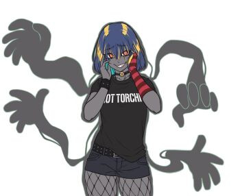 Rule 34 | belt, black belt, black pantyhose, black shirt, blonde hair, blue hair, cofagrigus, colored skin, commentary, emo fashion, english commentary, fingerless gloves, fishnet pantyhose, fishnets, gen 5 pokemon, gloves, grey shorts, grey skin, hands on own cheeks, hands on own face, hot topic, kirby otaku, looking at viewer, multicolored hair, nintendo, pantyhose, personification, pokemon, red eyes, red gloves, sharp teeth, shirt, shorts, simple background, single glove, solo, spiked wristband, streaked hair, striped clothes, striped gloves, teeth, transparent background, vectors