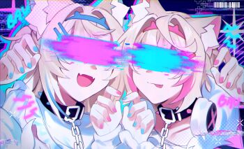 alonekm animal_ear_fluff animal_ears black_collar blonde_hair blue_hair blue_hairband censored censored_identity chain closed_mouth collar dog_ears dog_girl fang fuwawa_abyssgard fuwawa_abyssgard_(1st_costume) hairband headphones headphones_around_neck highres hololive hololive_english mococo_abyssgard mococo_abyssgard_(1st_costume) open_mouth pink_hair pink_hairband siblings sisters skin_fang tongue tongue_out twins upper_body virtual_youtuber