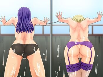 Rule 34 | 2girls, against glass, akagi ritsuko, ass, bent over, black panties, blonde hair, censored, cuffs, cum, cum in pussy, cum on ass, cum on body, cumdrip, female focus, garter belt, garter straps, handcuffs, indoors, katsuragi misato, lingerie, long hair, multiple girls, neon genesis evangelion, nightmare express, panties, purple hair, pussy, short hair, sky, standing, take your pick, thighhighs, underwear