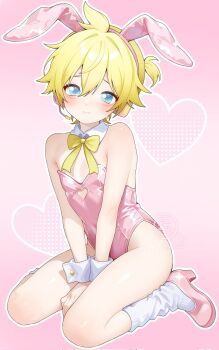 Rule 34 | 1boy, animal ears, bare shoulders, blonde hair, blue eyes, clothing cutout, commentary, crossdressing, crossdressing (mtf), detached collar, english commentary, fake animal ears, full body, headphones, heart, heart cutout, high heels, highres, kagamine len, kneeling, leotard, looking at viewer, loose socks, male focus, piercedfreakk, pink background, pink leotard, pink shoes, rabbit ears, shoes, short hair, socks, solo, strapless, strapless leotard, trap, vocaloid, watermark, white socks, wrist cuffs