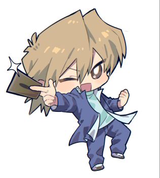 1boy arms_up blonde_hair blue_jacket blue_pants brown_eyes card chibi chibi_only clenched_hand commentary_request full_body highres holding holding_card jacket jonouchi_katsuya long_sleeves male_focus one_eye_closed open_clothes open_jacket open_mouth outstretched_arm pants parted_hair pk_rgr96 school_uniform shirt shoes simple_background solo white_background yu-gi-oh! yu-gi-oh!_duel_monsters