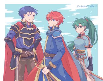 1girl 2boys belt black_gloves blue_coat blue_dress blue_eyes blue_hair blue_jacket blue_sky border brown_belt brown_pants cape closed_mouth cloud coat commentary_request cowboy_shot day dress eliwood_(fire_emblem) fingerless_gloves fire_emblem fire_emblem:_the_blazing_blade gloves green_eyes green_hair hector_(fire_emblem) high_collar highres holding holding_sword holding_weapon jacket long_hair long_sleeves looking_at_viewer lyn_(fire_emblem) multiple_boys nintendo outdoors outside_border pants ponytail red_cape red_hair short_hair short_sleeves sky smile sushitarou sword weapon white_border