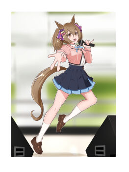1girl absurdres animal_ears blue_skirt blush bow breasts brown_eyes brown_hair collared_shirt enukee hair_between_eyes hair_bow hair_ornament highres holding holding_microphone horse_ears horse_girl horse_tail jacket long_hair long_sleeves looking_at_viewer medium_hair microphone multiple_hair_bows open_mouth outstretched_arm pink_bow pink_jacket purple_bow shirt shoes skirt smart_falcon_(umamusume) smile socks solo tail teeth twintails umamusume upper_teeth_only w white_shirt white_socks