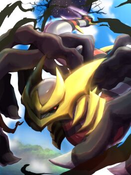 blue_sky bo_(bouillustration) day floating flying gen_4_pokemon giratina giratina_(origin) highres legendary_pokemon looking_at_viewer nintendo pokemon pokemon_(creature) portal_(object) red_eyes sky solo spikes tentacles wings