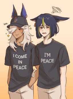 2boys alternate_costume animal_ears artist_request black_hair blush brown_background character_request dark-skinned_male dark_skin embarrassed english_text genshin_impact grabbing_another&#039;s_arm gradient_background hat i&#039;m_stuff_(meme) meme multiple_boys one_eye_covered shirt smile white_hair yaoi yellow_background