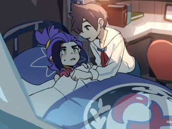 2boys black_hair blue_shorts blush book brown_hair collarbone collared_shirt colored_inner_hair commentary_request covering_with_blanket dorm florian_(pokemon) gloves head_on_pillow headband highres indoors kieran_(pokemon) light_blush long_sleeves looking_at_another male_focus multicolored_hair multiple_boys necktie nintendo on_bed one_glove pillow pokemon pokemon_sv red_gloves red_necktie red_tank_top school_uniform shirt short_hair shorts single_glove suikaels sweatdrop tank_top two-tone_hair under_covers white_shirt yellow_eyes yellow_headband