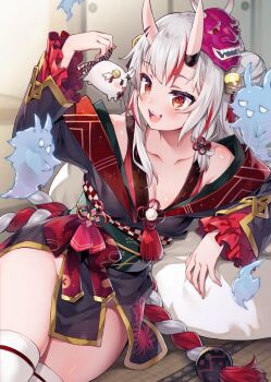 1girl ayaoshiro bare_shoulders chinese_knot collarbone highres hololive horns indoors japanese_clothes multicolored_hair nakiri_ayame nakiri_ayame_(1st_costume) no_panties off_shoulder open_mouth pillow poyoyo_(nakiri_ayame) red_eyes red_hair shiny_skin silver_hair sitting skin-covered_horns smile tatami teeth thighhighs tongue two-tone_hair upper_teeth_only virtual_youtuber white_thighhighs