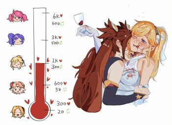 6+girls :3 black_hairband blonde_hair blue_eyes character_request closed_eyes closed_mouth cup detached_sleeves dress drinking_glass drunk elbow_gloves gloves hair_behind_ear hairband hand_on_another&#039;s_head highres imminent_bite jinx_(league_of_legends) kid_sppinarl kiss_meter_(meme) league_of_legends long_hair lux_(league_of_legends) meme multiple_girls one_eye_closed open_mouth pink_hair pointy_ears purple_eyes purple_hair red_hair red_wings side_ponytail simple_background smile star_guardian_(league_of_legends) star_guardian_jinx star_guardian_lux twintails white_background white_dress white_gloves wine_glass wings yuri