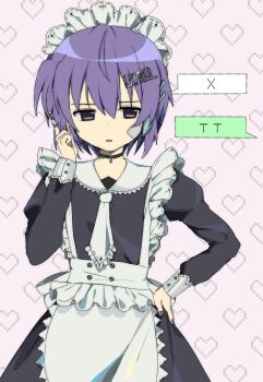 1girl 2000s_(style) apron black_choker black_dress choker commentary dress english_commentary frilled_apron frilled_hairband frilled_necktie frills hair_ornament hairband hand_on_own_hip heart heart_background highres maid maid_headdress necktie open_mouth pink_background purple_eyes purple_hair purple_nails short_hair simple_background solo speech_bubble t_t unamused upper_body utane_uta utau uuuuua07 white_necktie x_(symbol)