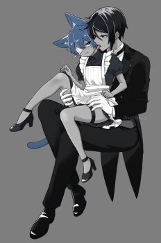 2boys age_difference animal_ears apron ciel_phantomhive crossdressing eyepatch high_heels highres kuronico_o kuroshitsuji maid male_focus multiple_boys onii-shota sebastian_michaelis shota thighhighs tongue tongue_out trap yaoi