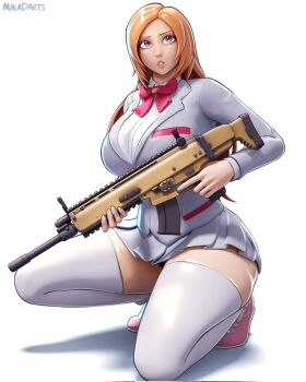 1girl assault_rifle bleach bow bowtie breasts brown_eyes fortnite gun highres holding holding_gun holding_weapon huge_breasts inoue_orihime karakura_high_school_uniform kneeling long_hair mika_dawn miniskirt orange_hair panties panty_peek pink_shoes pleated_skirt red_bow red_bowtie rifle school_uniform shoes simple_background skirt sneakers solo thick_thighs thighhighs thighs underwear weapon white_thighhighs zettai_ryouiki