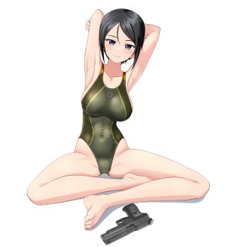 Rule 34 | 1girl, absurdres, armpits, arms behind head, barefoot, black eyes, black hair, breasts, chouno ami, commentary request, competition swimsuit, feet, girls und panzer, green one-piece swimsuit, gun, handgun, highres, indian style, large variant set, looking at viewer, medium breasts, multicolored swimsuit, one-piece swimsuit, presenting armpit, short hair, sig p220/p226, sig sauer, simple background, sitting, solo, swept bangs, swimsuit, takafumi, toes, turtleneck, variant set, weapon, white background