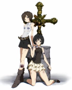 2girls arm_support bandaged_arm bandaged_leg bandages belt black_choker black_hair black_shirt black_skirt blood bloody_bandages bloody_knife boots breasts brown_belt brown_boots brown_eyes brown_hair bruise bruise_on_arm bruise_on_face bruise_on_leg choker closed_mouth collared_shirt cross crucifix dirty dirty_clothes frilled_skirt frills full_body hand_on_own_hip head_tilt highres holding holding_knife injury kneeling knife leaning_on_object looking_at_viewer miko_heb multiple_girls original pleated_skirt raised_inner_eyebrows shirt short_hair simple_background skirt skull sleeveless sleeveless_shirt small_breasts standing white_background white_shirt white_skirt