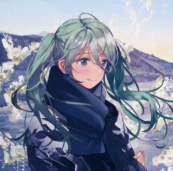 Rule 34 | 1girl, aqua hair, blue eyes, blue jacket, blue scarf, closed mouth, commentary, fly (marguerite), hair between eyes, hashtag-only commentary, hatsune miku, highres, jacket, long hair, long hair between eyes, scarf, smile, solo, twintails, upper body, vocaloid