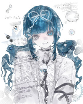 1girl absurdres black_choker blue_eyes blue_hair blunt_bangs bone choker collared_shirt frills grey_eyes hair_ribbon heilanshuimuchu heterochromia highres long_hair long_sleeves looking_at_viewer low_twintails necktie original paw_print ribbon shirt sidelocks sleeves_past_fingers sleeves_past_wrists smile solo twintails upper_body watermark white_ribbon white_shirt