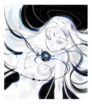 Rule 34 | 1girl, breasts, floating hair, flying nimbus, hashtag-only commentary, highres, long hair, lying, nipples, on back, orb, original, si (sitisi 28), solo, topless female, very long hair