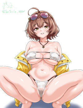 1girl absurdres ahoge anis_(nikke) anis_(sparkling_summer)_(nikke) bare_legs bare_shoulders barefoot bikini blush breasts brown-framed_eyewear brown_hair collarbone commentary_request eyepatch_bikini eyewear_on_head feet_out_of_frame goddess_of_victory:_nikke grin groin hair_ornament highres jacket jewelry large_breasts looking_at_viewer navel necklace off_shoulder official_alternate_costume open_clothes open_jacket paid_reward_available parted_lips pendant purple-tinted_eyewear shirokuni_ochiho short_hair simple_background skindentation smile solo spread_legs squatting stomach sunglasses swimsuit tinted_eyewear twitter_username white_background white_bikini yellow_eyes yellow_jacket