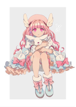 Rule 34 | 1girl, animal, beret, bloomers, blue boots, blue skirt, blunt bangs, boots, border, bow, bow legwear, brown bow, closed mouth, commentary request, footwear bow, frilled skirt, frilled sleeves, frills, frown, full body, fur-trimmed socks, gradient hair, grey background, hair intakes, hair ribbon, hat, hat bow, highres, holding, holding animal, holding rabbit, lace-trimmed bow, lace trim, long hair, medium skirt, miracle nikki, multicolored hair, nikki (series), outside border, pink bow, pink hair, pink hat, puffy short sleeves, puffy sleeves, purple ribbon, rabbit, raised inner eyebrows, ribbon, sad, shirt, short sleeves, showgirl skirt, sidelocks, sitting, skirt, skirt bow, socks, solo, straight-on, stylist (nikki), tress ribbon, underwear, uro (uvxkf), very long hair, wavy hair, white bloomers, white border, white rabbit (animal), white shirt, white socks, winged hat