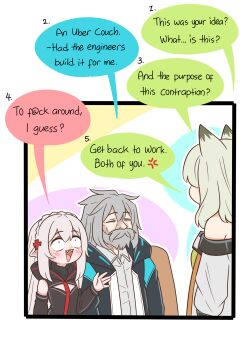 Rule 34 | 1boy, 2girls, :>, animal ears, arknights, beard, black jacket, braid, censored, censored text, closed eyes, collared shirt, crown braid, doctor (arknights), dress, dress shirt, english text, facial hair, fangs, green dress, grey hair, grey shirt, guin guin, hair between eyes, highres, hood, hood down, hooded jacket, jacket, kal'tsit (arknights), long hair, male doctor (arknights), multiple girls, mustache, off-shoulder jacket, off shoulder, old man (guin guin), open clothes, open jacket, open mouth, pointy ears, profanity, shirt, smile, very long hair, warfarin (arknights)