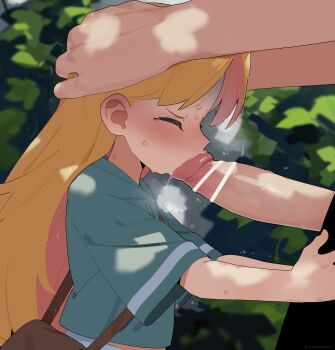 1boy 1girl absurdres aqua_jacket bar_censor blonde_hair blush censored closed_eyes colored_inner_hair commentary_request fellatio green_eyes hands_on_another&#039;s_head hetero highres irrumatio jacket long_hair mizumizuni multicolored_hair oral outdoors penis pink_hair ruri_no_houseki short_sleeves solo_focus sweat tanigawa_ruri tears two-tone_hair