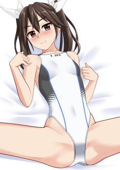 1girl absurdres blush breasts brown_eyes brown_hair clothes_writing commentary_request competition_swimsuit covered_navel cowboy_shot hair_ribbon highleg highleg_one-piece_swimsuit highres kantai_collection long_hair lying multicolored_swimsuit nose_blush one-piece_swimsuit ribbon small_breasts solo spread_legs swimsuit takafumi tone_(kancolle) twintails variant_set white_one-piece_swimsuit