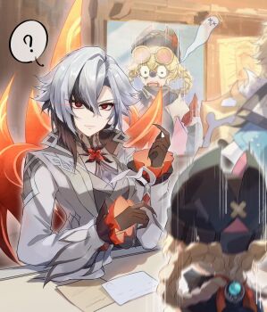 1boy 2girls ? arlecchino_(genshin_impact) bare_shoulders black_hat blonde_hair braid braided_hair_rings commentary genshin_impact grey_hair grey_jacket hair_rings hat jacket jahoda_(genshin_impact) long_sleeves looking_at_viewer mirror multiple_girls open_mouth reflection short_hair spoken_question_mark varka_(genshin_impact) viviwi