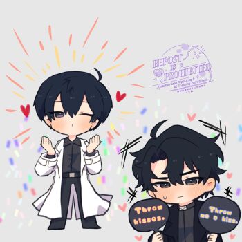 2boys ;o ahoge belt black_coat black_eyes black_hair black_shirt blush chibi chibi_only coat confetti curtained_hair double-parted_bangs full_body hair_between_eyes half-closed_eyes hand_up heart highres holding holding_sign kim_dokja kimidori_22 male_focus multiple_boys notice_lines omniscient_reader&#039;s_viewpoint one_eye_closed open_clothes open_coat popped_collar shirt short_hair sign standing sweatdrop white_coat yoo_joonghyuk