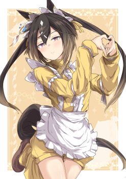 1girl absurdres animal_ears apron brown_hair closed_mouth commentary_request four-finger_heart_hands frilled_apron frills hair_between_eyes heart heart_hands highres horse_ears horse_girl horse_tail jacket jersey_maid long_hair long_sleeves looking_at_viewer maid maid_apron maid_headdress multicolored_hair nagisa_(imizogami) purple_eyes shorts smile solo stay_gold_(umamusume) streaked_hair tail track_jacket twintails umamusume unconventional_maid waist_apron white_apron white_hair white_headdress yellow_jacket yellow_shorts