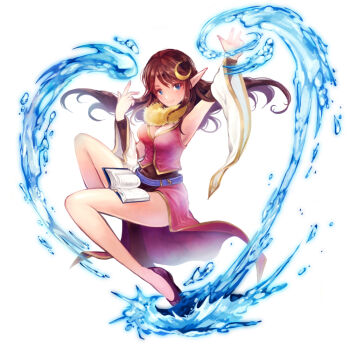 Rule 34 | 1girl, animal, animal around neck, arm up, armpits, belt, blue belt, blue eyes, book, breasts, brown hair, cleavage, closed mouth, commentary request, crescent, crescent hair ornament, detached sleeves, fox, full body, gobaku no hito, hair ornament, hydrokinesis, long hair, looking at viewer, medium breasts, open book, pelvic curtain, pointy ears, professor (ragnarok online), purple shoes, ragnarok masters, ragnarok online, red shirt, red skirt, shirt, shoes, simple background, skirt, sleeveless, sleeveless shirt, smile, solo, water, white background, white sleeves