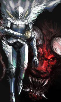 Rule 34 | 2boys, absurdres, armor, berserk, broken horn, demon, full armor, griffith (berserk), helmet, highres, horns, kyezzzz, male focus, monster, multiple boys, teeth, white hair, zodd (berserk)