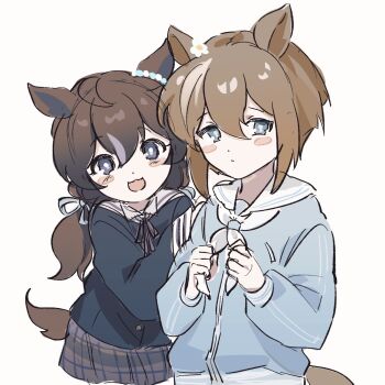 2girls :3 aged_down animal_ears blue_jacket blush blush_stickers bright_pupils brown_hair cheval_grand_(umamusume) child closed_mouth commentary_request dot_mouth ear_ornament flower_hairclip hair_between_eyes highres horse_ears horse_girl horse_tail jacket korean_commentary miniskirt multicolored_hair multiple_girls neckerchief plaid_clothes plaid_skirt ribbon sailor_collar sailor_jacket shidayo7 short_twintails siblings simple_background sisters skirt streaked_hair tail twintails umamusume vivlos_(umamusume) white_background white_neckerchief white_pupils white_sailor_collar white_streaks