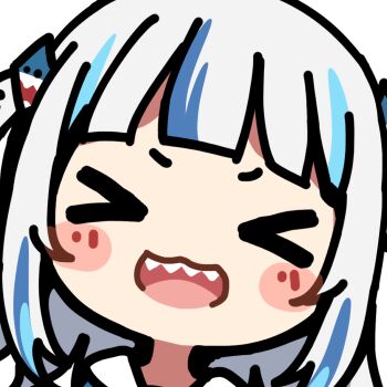 &gt;_&lt; 1girl :3 :d artist_request bad_link blue_hair blunt_bangs blush_stickers chibi gawr_gura gawr_gura_(1st_costume) hair_ornament hololive hololive_english multicolored_hair official_art open_mouth portrait shark_hair_ornament sharp_teeth smile solo streaked_hair teeth transparent_background two_side_up virtual_youtuber white_hair