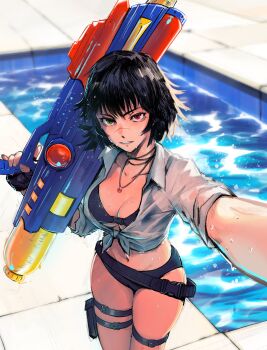 1girl absurdres alt_text belt bikini black_bikini black_hair breasts cleavage commentary devil_may_cry_(series) english_commentary green_eyes heterochromia highres holding holding_water_gun jewelry lady_(devil_may_cry) looking_at_viewer miss_faves navel necklace parted_lips pool pouch red_eyes scar scar_on_face scar_on_nose selfie shirt short_hair solo swimsuit thigh_belt thigh_pouch thigh_strap tied_shirt trigger_discipline water_gun wet white_shirt